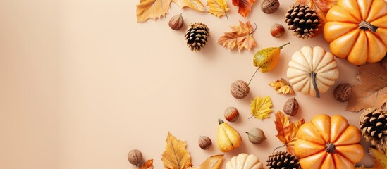 Aufkleber - Colorful autumn elements like leaves pumpkins pinecones and nuts on a pastel beige background with a copy space image Minimal fall theme with a nature flat lay