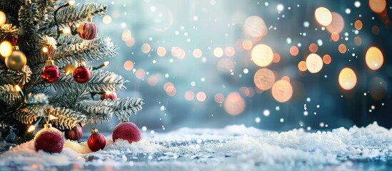 Poster - Festive Christmas themed background featuring snow a decorated fir tree and ornaments with twinkling Christmas lights in the backdrop copy space image
