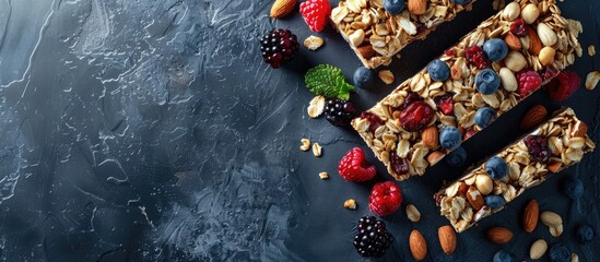 Aufkleber - A nutritious snack option for health conscious individuals an assortment of granola bars filled with nuts and berries displayed in a top view copy space image