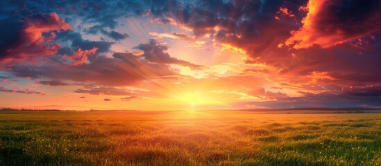 Aufkleber - Vivid natural sunset over meadow with dramatic sky in the countryside featuring a panorama landscape with copy space image