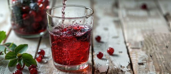 Poster - Place a glass filled with berry juice and water on a white oak table with available copy space image