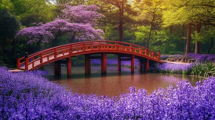 Poster - A Red Bridge Over a Pond Surrounded by Purple Flowers