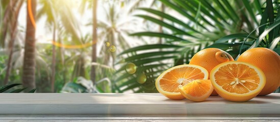Poster - A white wooden board showcases halved fresh oranges beside blurred palm trees in the garden offering ample copy space for decor or objects