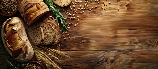 Poster - Wooden background with sliced bread wheat grains and thyme creating a picturesque copy space image