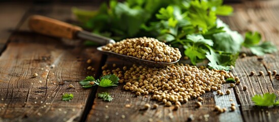 Poster - Close up photograph of a scoop filled with dried coriander seeds and green leaves on a wooden surface with ample copy space for an image