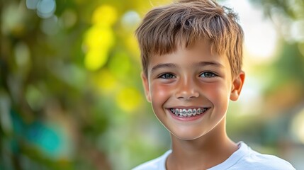 Beaming Boy with Braces and a Lively Green Summer Setting