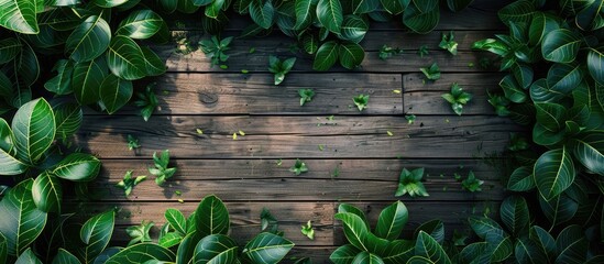 Leinwandbilder - Wooden floors are surrounded by green leaves providing a natural background for the copy space image
