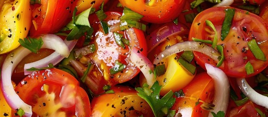 Chopped tomato salad with onion in a vinaigrette dressing presented in a refreshing vibrant dish for a copy space image