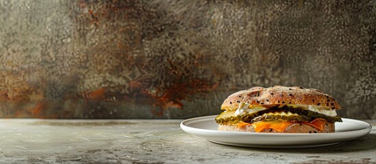 Canvas Print - Plate featuring a homemade pickle sandwich with mayo and cheese captured from the side with copy space in the image