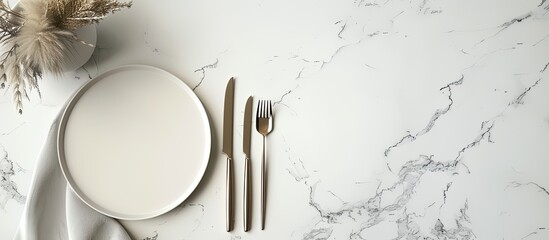 Aufkleber - Top view of a white marble table with an empty menu cutlery plate napkin and dry spikes ideal as a mockup for design in a copy space image