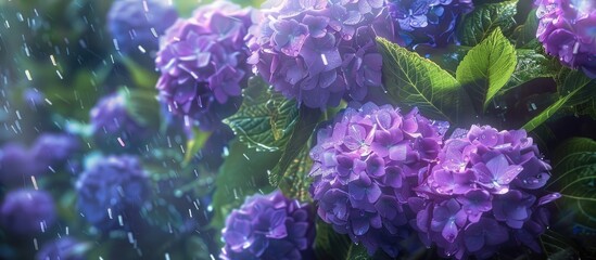 Poster - Hydrangeas with purple blooms blossoming in the rainy season. Creative banner. Copyspace image