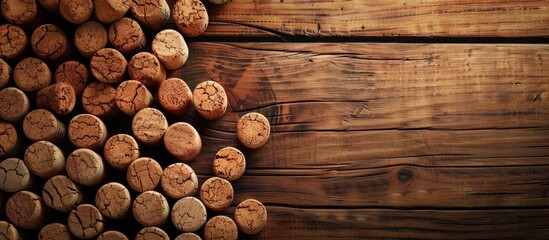 Wall Mural - Top view of wine corks arranged like grapes on a wooden table with available copy space image