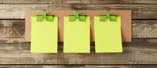 Canvas Print - A collection of five lemon green sticky notes placed on a brown clipboard or plywood board with ample copy space image available