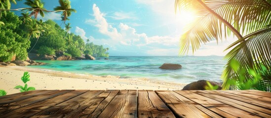 Poster - Wooden table with open view to a sunny tropical beach and palm trees perfect for presenting summer items or ad displays with copy space image