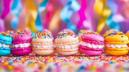 an array of bright and colorful macarons displayed in a vibrant festival setting, with confetti and 