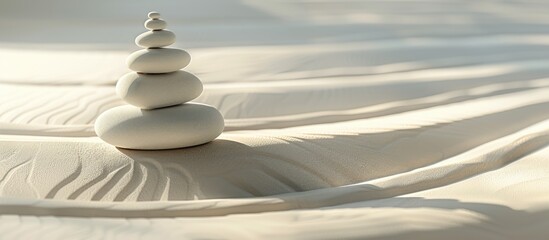 Wall Mural - Minimalistic Zen garden showcasing a stack of balanced pebbles in a serene white sand pattern suitable for relaxation massage meditation and studio photography with copy space image included