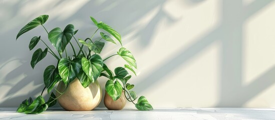 Poster - Three Golden pothos plants also known as Devil s ivy displayed in a pot on a white ceramic tile floor with copy space image