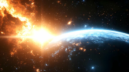 Wall Mural - A bright star explodes near a planet in the vastness of space.