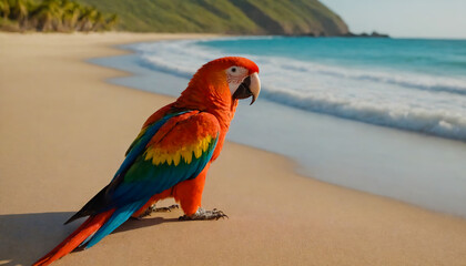 Wall Mural - A colorful parrot standing on a sandy beach next to the ocean.