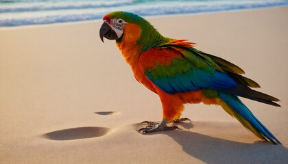 Wall Mural - A colorful parrot standing on a sandy beach next to the ocean.