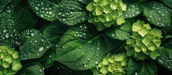 Sticker - Hydrangea macrophylla leaves covered with raindrops isolated with a copy space image no people present