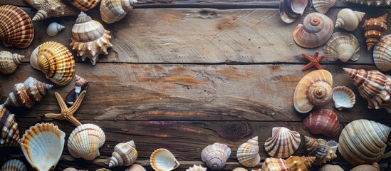 Poster - Various sea shells snails and pebbles in different sizes shapes and colors displayed on a brown wooden surface from a top view with a close up angle showcasing a copy space image