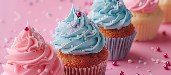 Aufkleber - Cupcakes with intricate decorations on a pink backdrop perfect for a gender reveal party with copy space image