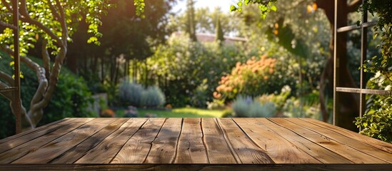 Fototapete - Wooden table providing copy space image against blurred garden view from a home window ideal for showcasing advertising products