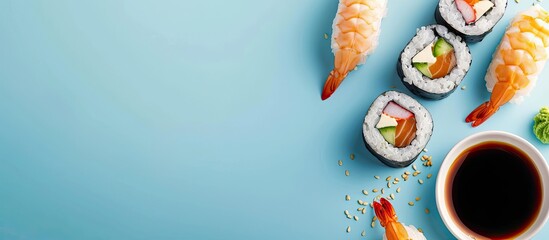 Poster - Take out sushi and maki with soy sauce on a blue background showcasing a concept of grab and go meals with copy space image