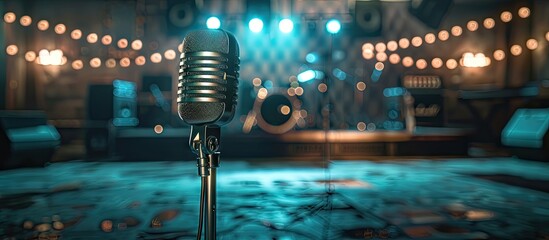 Poster - A modern stage set up with instruments and a microphone in the foreground ready for musicians to perform orchestra music themed around entertainment and concerts with copy space image