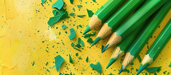 Sticker - Close up of green pencils and shavings on a yellow background with copy space image