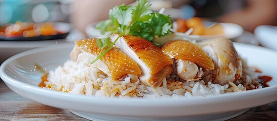 Canvas Print - Plate with chicken rice in a restaurant showing empty copy space image