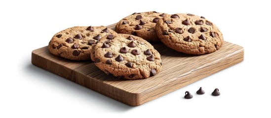 Aufkleber - Sweet cookies with chocolate chips displayed on a wooden board set against a white background creating a visually appealing copy space image