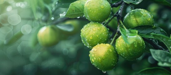 Sticker - Close up of green unripe Japanese ume fruits with copy space image