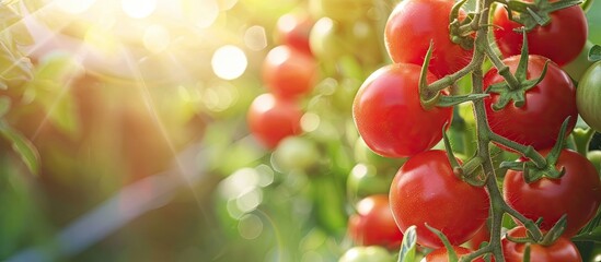 Aufkleber - A close up photo of fresh organic tomatoes growing on a vine at a local farm providing a background with ample copy space for text