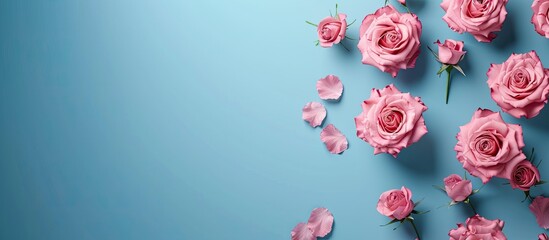 Poster - Image showcasing pink roses scattered on a blue backdrop creating a design with available space for text or other elements. Creative banner. Copyspace image
