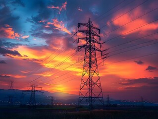 Wall Mural - Sunset over a power line landscape with vibrant clouds and silhouette of pylons in the evening sky