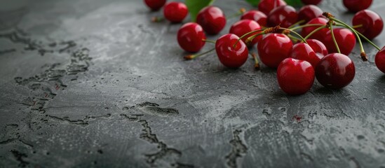 Poster - Gray stone table with cherries copy space image