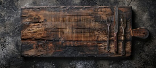 Canvas Print - A rustic wooden cutting board sits on a dark concrete backdrop with cutlery ready for dinner prep allowing for creative copy space image