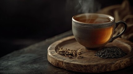 A close-up of a hot tea cup on a wooden table, with dried tea leaves on a wooden plate beside it, set against a black background that emphasizes the warmth of the scene