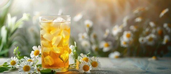 Refreshing chamomile and daisy herbal iced tea garnished with wildflowers and ice cubes with room for a copy space image