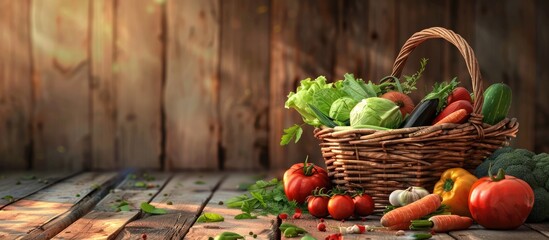 Poster - Wooden background with a variety of fresh vegetables displayed in a basket creating a rustic copy space image