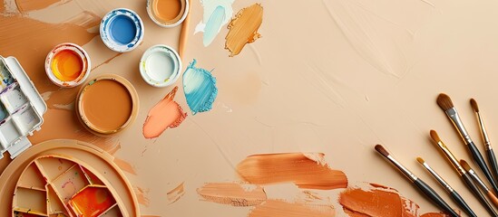 Poster - Various stationery items watercolor paints and a paint palette on a beige backdrop with copy space image