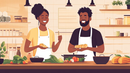 A man and woman are cooking together in a kitchen