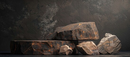 Aufkleber - Brown natural stones arranged on a dark backdrop create a striking podium with copy space image