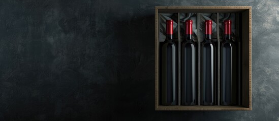 Canvas Print - Wine bottles in a box against a dark backdrop with ample copy space image