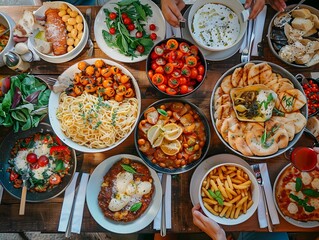 A vibrant spread of Mediterranean dishes including pasta, fresh salads, and grilled meats at a communal table during a sunny gathering