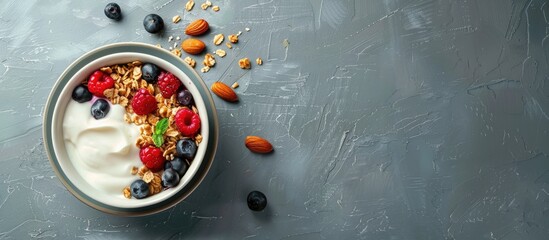 Aufkleber - A delicious bowl of granola with berries almonds and yogurt on a textured gray table in a flat lay composition with copy space image
