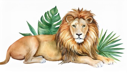 Sticker - watercolor lion with tropical leaves on a white background