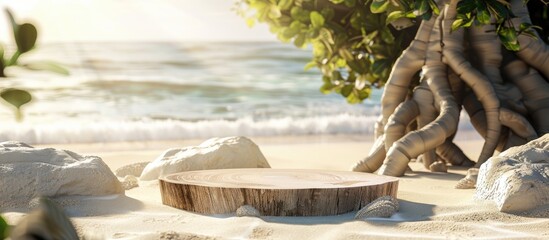 Aufkleber - Minimal abstract concept with a podium made of tree wood and stone on a realistic sandy beach background ideal for showcasing product designs with copy space image